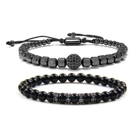 Mens Beaded Bracelets - 6mm Obsidian Bracelet Mens Stainless Steel Bracelet Cubic Zirconia Beads Mens Bracelet Set for Couples - Adjustable Bracelets Mens Jewelry for Boyfriend Husband Him (Black)