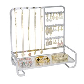 KOOAAICCHI Jewelry Organizer Stand Metal Jewelry Rack with Acrylic Tray Necklace Storage Holder Fashionable Display Stand for Rings, Earrings & Bracelets (Silver)