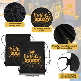 Oudain 12 Pcs Birthday Squad Drawstring Bags Birthday Queen Drawstring Backpack Bag Set Bachelorette Party Hangover Bags Party Favor Bags for Women Adults Gift Idea, 13.4" x 16.9"