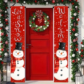 Winter Christmas Door Banner Snowman Porch Sign Red Winter Decor with Snowflakes and Top Hat Snowman Seasonal Christmas Door Hanging Outdoor Holiday Porch Decoration for Entryway Patio