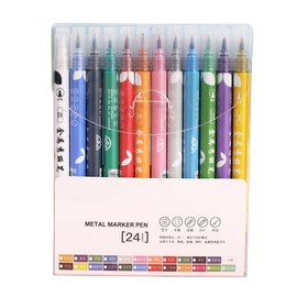 24 Colors Metallic Marker Pens 1-2mm Brush Pens Markers for Coloring Fine Tip Bright Color Quick Dry Non Toxic for Artists Kids Adult Scrapbooking Photo Coloring Books Stone Glass Ceramics School Office Supplies
