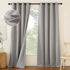 NICETOWN 100% Absolutely Blackout Faux Linen Curtains with Thermal Insulated White Liner, 52" W, 2 PCs, Light Grey, 95" Long Drapes Sweep The Floor Decorative Keep Privacy Panels for Living Room/Villa
