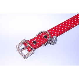 Pet Palace® "Spotty Dog" PU Leather Dog or Puppy Collar with Diamond Buckle and Cute Rhinestone Heart Charm (Large (14-18 inch neck), Riotous Red)