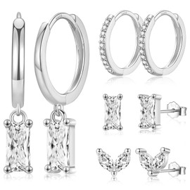 LANGLY Silver Hoop Earrings Set for Women, 4 Pairs White Gold Plated Hypoallergenic Cartilage Huggie Hoops Cubic Zirconia Studs Dangle Earrings Sets for Multiple Piercings