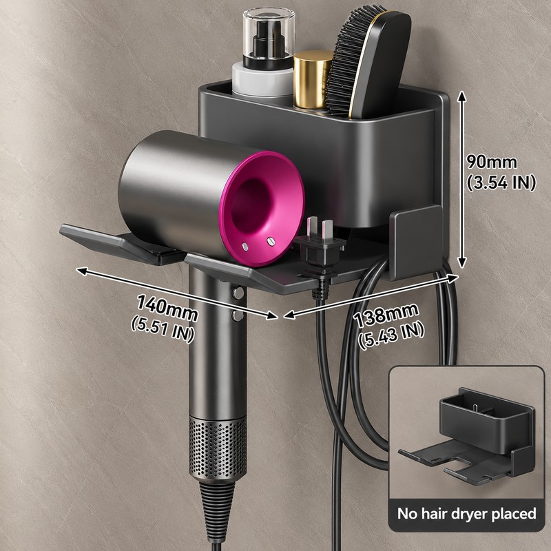 Wall-Mounted Hair Dryer Holder for Bathroom Organization – No-Drill Aluminum