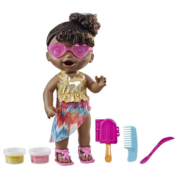 Baby Alive Sunshine Snacks Doll, Eats and Poops, Summer-Themed Waterplay Baby Doll, Ice Pop Mold, Toy for Kids Ages 3 and Up, Black Hair