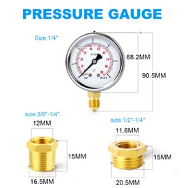 ERGAOBOY 0-6 Bar (0-90 Psi) Stainless Steel 1/4 Inch BSP 2.5 Inch Dial Liquid Pressure Gauge, with Brass Adapter, Bottom Mounting