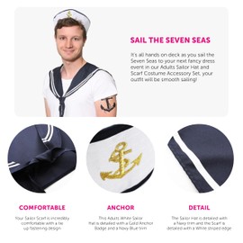 Mens Sailor Set Fancy Dress Accessory - Pack of 1 - Unisex Set Sailor Doughboy Hat with Gold Embroidered Anchor + Navy & White Scarf - Nautical Marine Navy Outfit