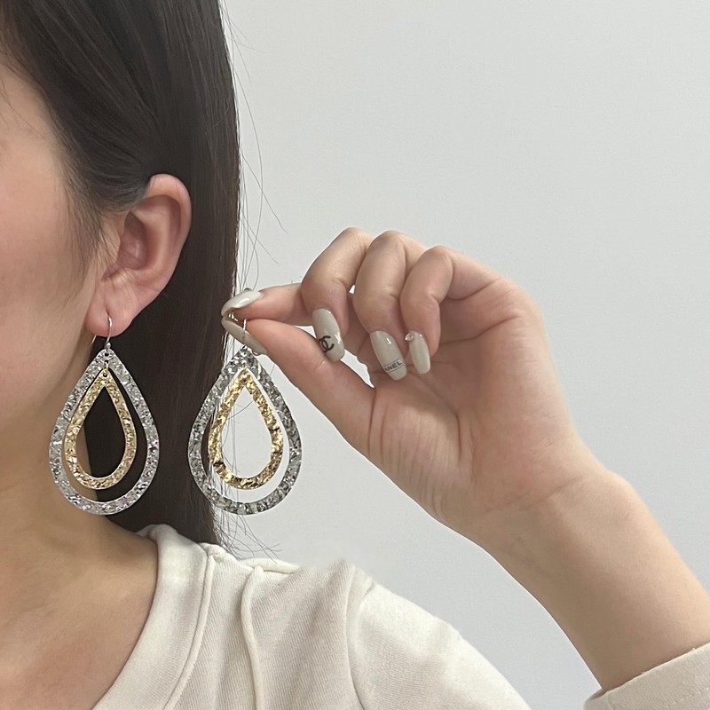 Silver and Gold Hammered Teardrop Dangling Earrings Two Tone Boho