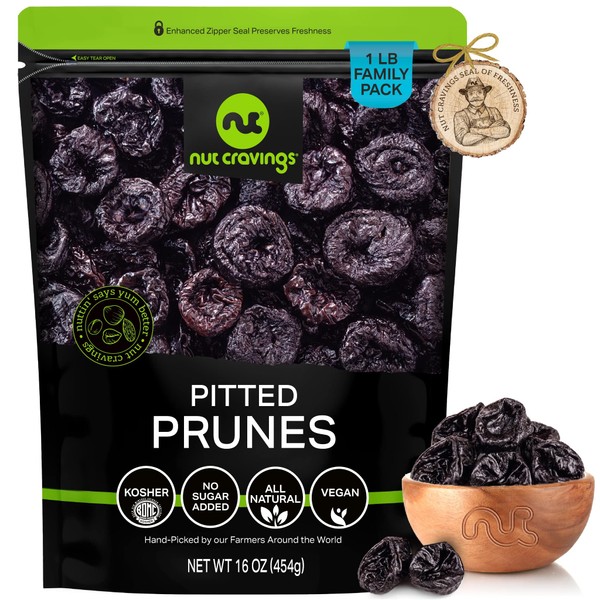 Nut Cravings Dry Fruits - Dried Prunes Pitted Unsweetened, Dry Plums No Sugar Added (16oz - 1 LB) Packed Fresh in Resealable Bag - Sweet Snack, Healthy Food, All Natural, Vegan, Kosher Certified
