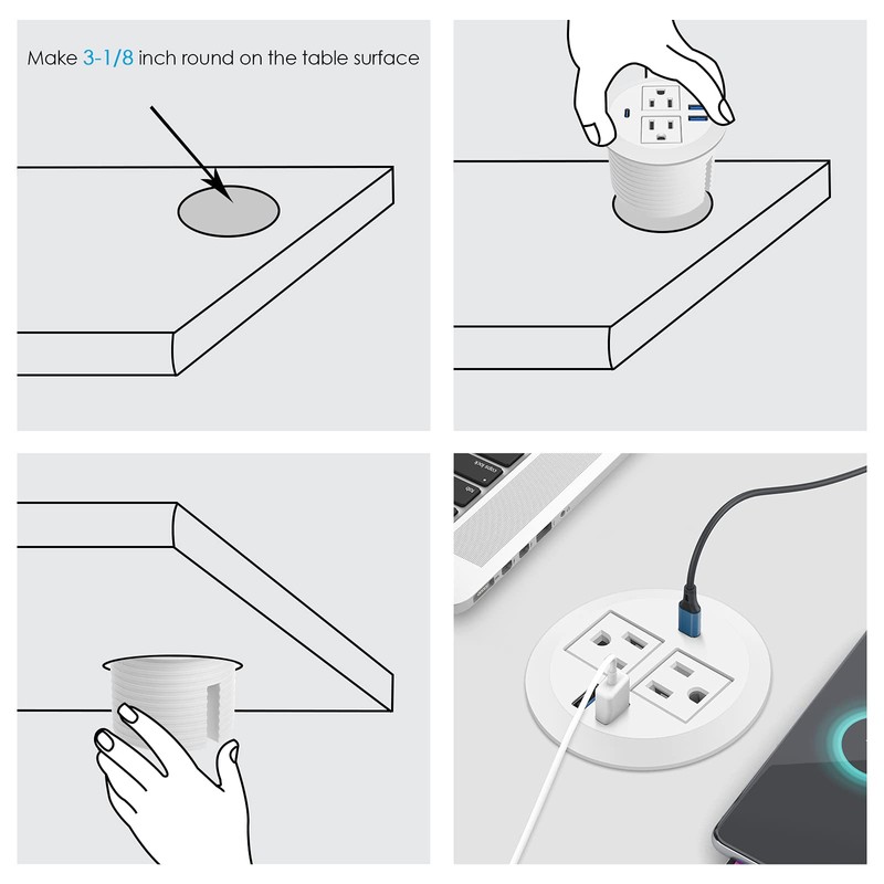 Jgstkcity 2-in-1 Desktop Power Grommet with USB-C Output, 125V, 12A,