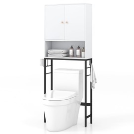 Giantex Over The Toilet Storage Cabinet - Toilet Shelf Rack with Anti-Tip Device, Open Compartment, Adjustable Shelf & Bottom Bar, Bathroom Space Saver, Over Toilet Bathroom Organizer (White)
