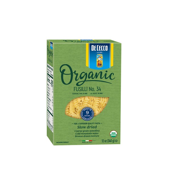 De Cecco Pasta, Organic Fusilli No.34, 12 Ounce (Pack of 12) - Made in Italy, High in Protein & Iron, Bronze die