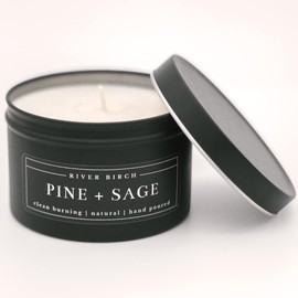 River Birch Candles Pine + Sage Scented Candle | Premium, All-Natural, Non-Toxic, Soy Candles | 8 oz. Black Matte Tin Travel Candle | Cozy Relaxing Gifts for Home