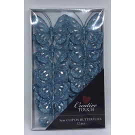 SET OF 12 Teal 8cm Diamante Glitter Mesh Jewelled Butterfly 3D Decorative Butterflies Wedding Home Party Event Craft Embellishment Festive Stylish Xmas Tree Christmas Decoration Curtain Clip On