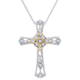 1/10 Carat Round Cut White Natural Diamond Vintage Style Cross Pendant Necklace for Women in Two-Tone 14k White Gold Over Sterling Silver with 18" Silver Chain (0.10 Cttw, Color- I-J, Clarity- I2-I3)