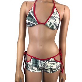 Exotic Dancewear Triangle Bikini Top Boyshorts Tie Side Scrunch Butt Bottom Rave Outfits Polefit Hundred Dollar Bill Money Print Booty Short (2 Piece Set)