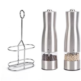 Electric Adjustable Salt and Pepper Grinder Set with Stand – Automatic Mill Set – Refillable Shakers – Built-in Light & Adjustable Coarseness – Stainless Steel