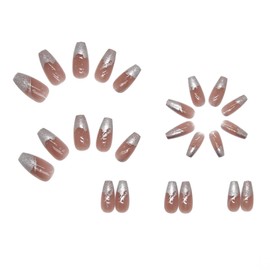 24 Pcs Nail Tips Silver Flash Fake Nails for Photo Taking Pictures Wedding Party After-Party Pearl Rhinestone