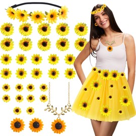 Sunflower Costume Women, Sunflower Costume Tutu Yellow Tulle Skirt with Sunflower Headband, Dangling, 2 Earrings, 30 Flower Heads Decoration, Sunflower Hair Accessory Costume Set for Carnival Theme
