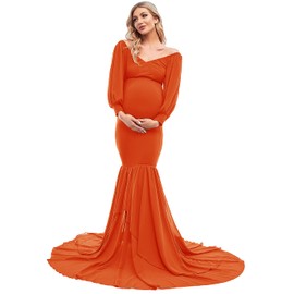 ZIUMUDY Maternity Fitted Mermaid Gown for Photoshoot Long Sleeve Tiered Chiffon Skirt Photo Props Dress (Orange, Large)