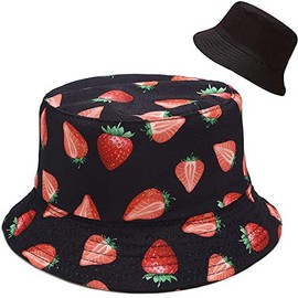 XYIYI Strawberry Black Bucket Hat Cute Fishing Sun Hats for Teen Girls Women, Reversible Double-Side