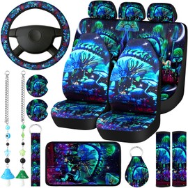 17 Pcs Mushroom Car Seat Covers Mushroom Car Accessories Full Set for Women Men Automotive Rear Front Seat Protector View Mirror Hanging Ornament Steer Wheel Belt Cover (Green Mushrooms)