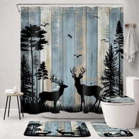 MYUSRE Rustic Cabin Deer Shower Curtain Set with Bathroom Rugs, 72x72 inch