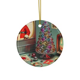DistinctInk Hanging Ceramic Christmas Tree Ornament with Gold String - Great Gift/Present - 2 3/4 inch Diameter - Vintage Mid-Century Xmas