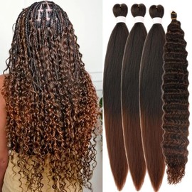 Brow Braiding Hair Pre stretched Curly Braiding Hair for Boho Braids Color 30 Knotless Hypoallergenic Ez Braids:_Ombre Brown_26 Inch-Packs of 3+1