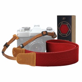 Padwa Lifestyle Red Camera Strap - Double Layer Crazy Horse Cowhide End,1.5" Wide Pure Cotton Woven Camera Straps,Adjustable Neck Shoulder Strap for All DSLR Cameras,Gift for Photographers
