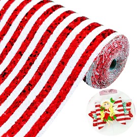 Greatdiy Sparkly Red and White Striped Chunky Glitter Fabric Roll 12 x 52 inch Shiny Christmas Faux Leather for Bows Crafts Earrings (21032#10)