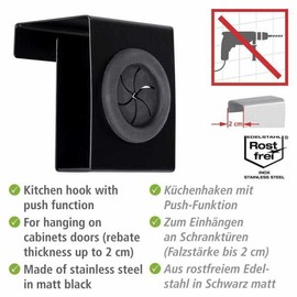 WENKO 55008100 Push Hook, High-Quality Kitchen Hook Made of Rustproof Stainless Steel in Matt Black for Hanging on the Drawer or Cupboard Door, 5 x 6 4 cm