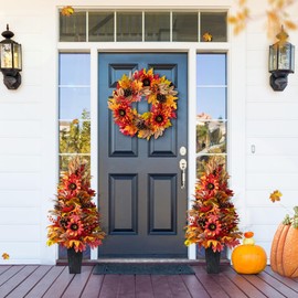 Glitzhome 36”H Fall Porch Tree, Harvest Artificial Porch Tree with Sunflower, Pinecone and Berry Porch & Black Planter, for Autumn Fall Harvest Thanksgiving Christmas Decoration