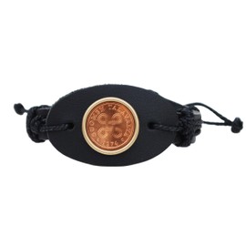 1974 Finland 5 Pennia Uncirculated Coin Genuine Black Leather Cuff Wristband Bracelet - Four joined loops form design (Saint Hannes cross)