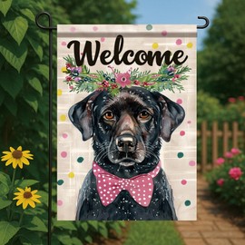 Starlit Patio Welcome Black Labrador Dog Garden Flag Spring Summer Floral Bow Tie Double Sided Yard Flag Seasonal Outdoor House Banner Dog Lovers Porch Lawn Patio Decoration Supplies 12x18 Inch