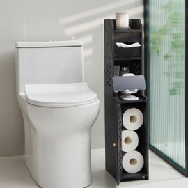 Doxo Black Toilet Paper Holder Stand, Narrow Bathroom Storage Cabinet, Free Standing Toilet Paper Storage Holder (Marble Black Gold)