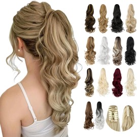 Felendy Ponytail Extension, 18" Claw Clip in Ponytail Extensions Curly Wavy Ponytail Hair Extension Jaw Clip on Long Pony Tails Hairpiece for Women Synthetic Light Ginger Mix Bleach Blonde