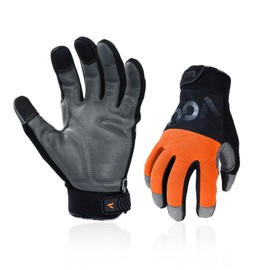 Vgo... Anti-Vibration Gloves, Safety Work Gloves, Men's Mechanic Gloves, Cowhide Gloves, Multi-Purpose Maintenance, Gardening, Work Gloves, Waterproof Gloves, Leather Gloves (LL, Black & Orange