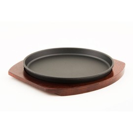 Happy Sales, Cast Iron Steak Plate Sizzle Griddle with Wooden Base Steak Pan Grill Fajita Server Plate Household use or Restaurant Supply (MedRound)