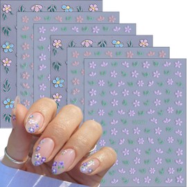6Sheets Flower Nail Stickers for Nails Spring Floral Nail Decals Purple Pink Flowers Leaves Design Cute Nail Art Stickers Small Daisy Nails Supplies DIY Manicure Decoration Accessories for Girls