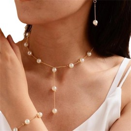 Pearl Jewelry Set for Women Gold Silver Plated Elegant Dainty Simulated White Pearls Round Y Necklace Bracelets Earrings for Minimalist Wedding Bridal Prom Birthday Party Christmas Fashion Jewelry Gifts (Gold)