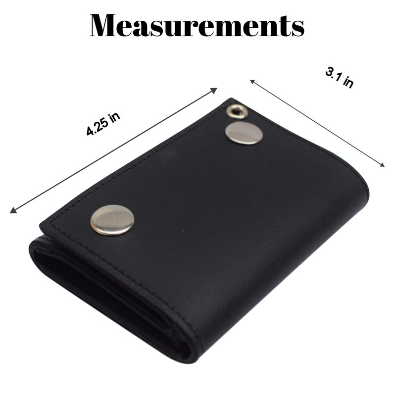 BLACK GENUINE LEATHER Trifold Biker's Wallet ID Card Holder w/Chain