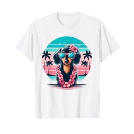 Retro Hawaiian Dachshund Dog Tropical Floral Summer Vibes T-Shirt