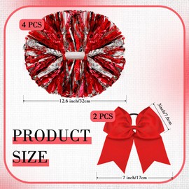 6 Pcs 13 Inch Cheerleading Pom Poms and Large Bows for Girl Cheer Poms Poms, Metallic Cheerleader Poms Poms with Handle, for Softball Dance Cheer (Red)