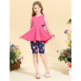 PATPAT Little Girls Clothes Hot Pink Butterfly Pleated Hem Design Sleeveless Dress Top and Allover Floral Print Short Set Girls Clothes Size 6/7