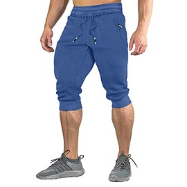 FASKUNOIE Workout Pants for Men Gym Athletic Capri Short Pants with Zipper Pockets Thermal Blue