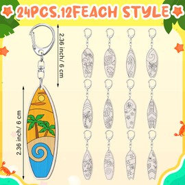 RattanView 24 Pcs Surfboard Craft Color Your Own Keychains Diy Craft Wooden Blank Keychains for Sunday School Classroom Home Active Party Favors Gifts, 12 Styles