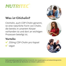 Nutritec CDP-Cholin 60 Kapseln, Nahrungsergänzungsmittel mit 250mg Citicholin pro Kapsel