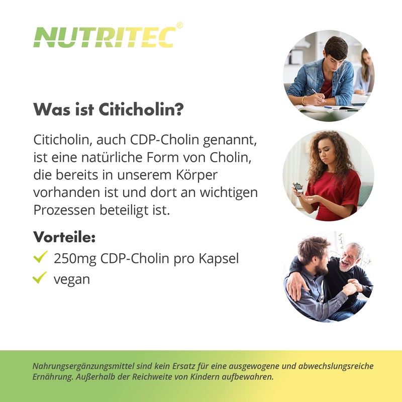 Nutritec CDP-Cholin 60 Kapseln, Nahrungsergänzungsmittel mit 250mg Citicholin pro Kapsel